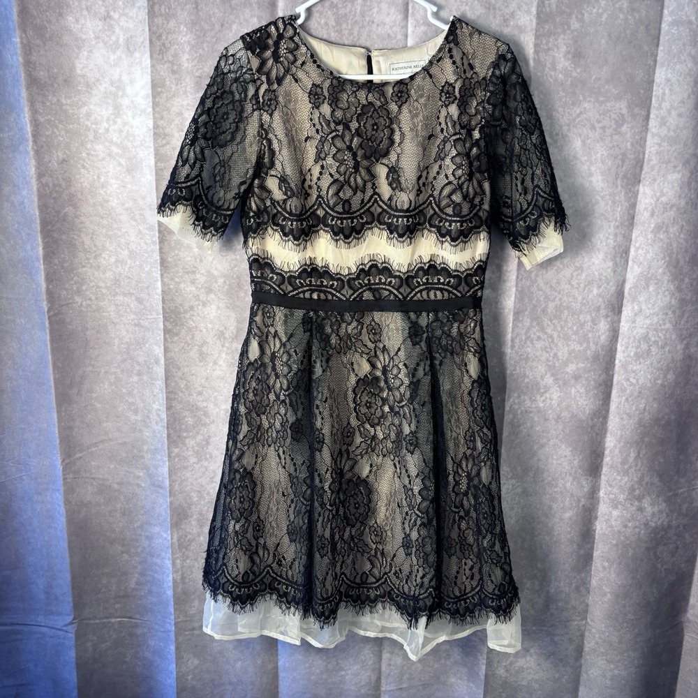 Katherine Kelly Elegant Black Lace With Cream  Slip Dress Back Zipper Size 6 Y2K